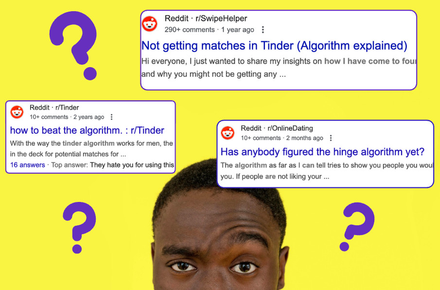 Man questioning dating app algorithm answers in Reddit threads
