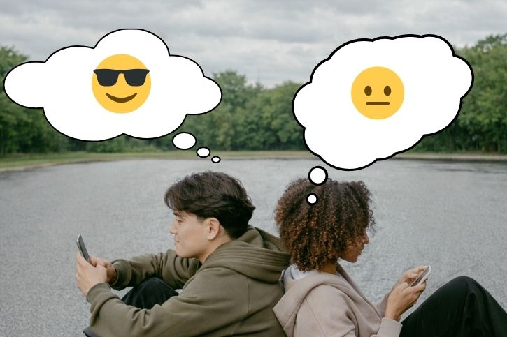 Man and woman interpreting dating app bios differently