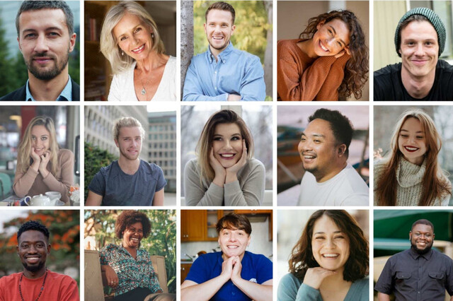 different people smiling with closed-mouth smiles and open-mouth smiles