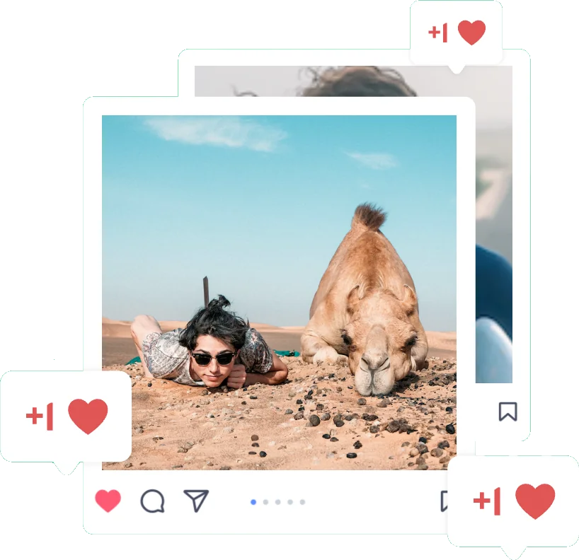 Instagram social photo, man with camel, same pose, with like hearts