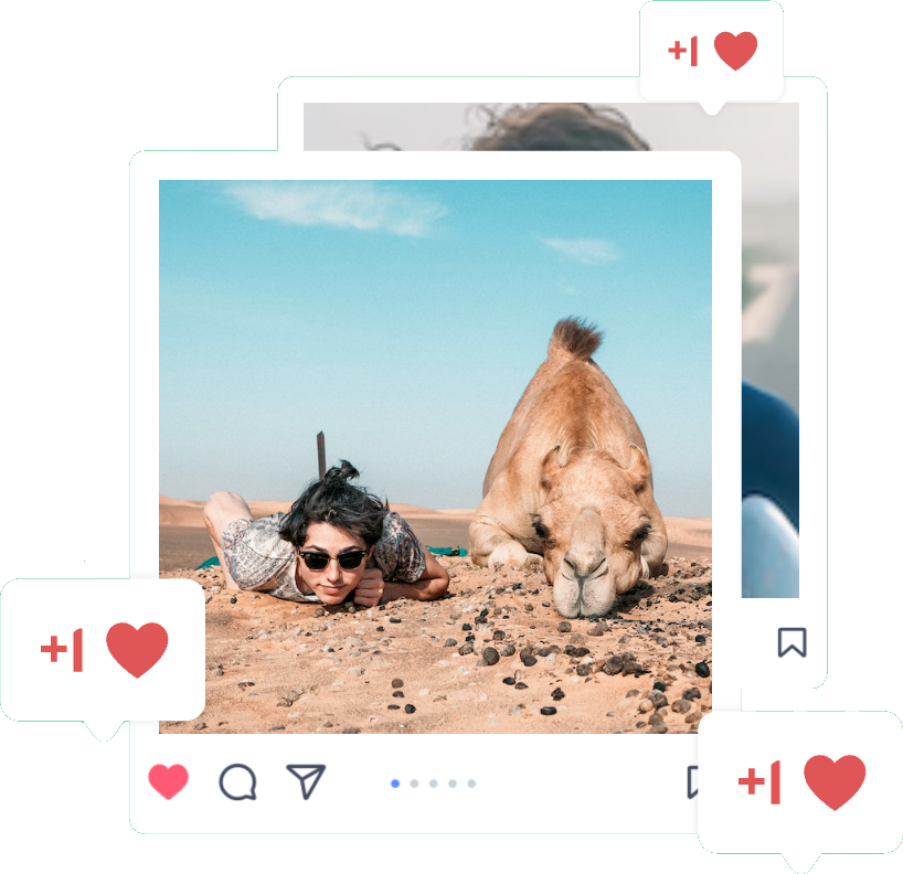 Instagram social photo, man with camel, same pose, with like hearts